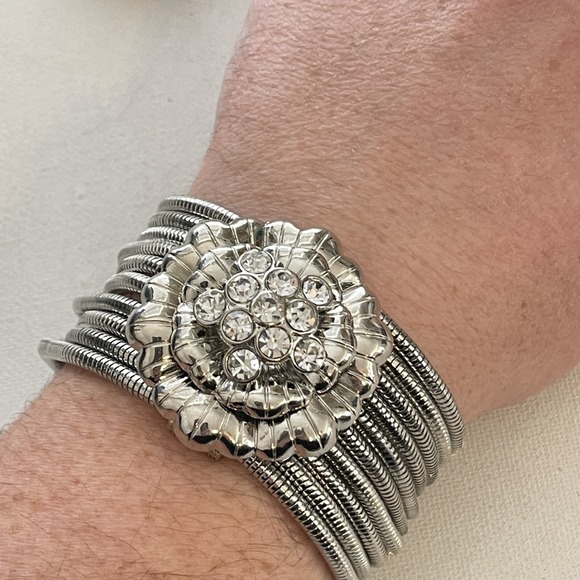 Premier Designs Jewelry - Premier Designs Rhinestone Flower Multistrand Snake Chain Silver Tone Bracelet